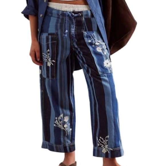 Free People Blue Striped Floral Embroidered Pants - Picture 3 of 11